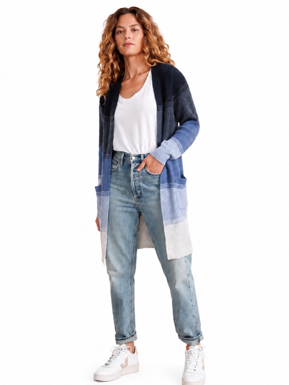 Marine Layer Cabin Cardigan Blue Ombre Cashmere Blend Knit Open Front Medium EUC